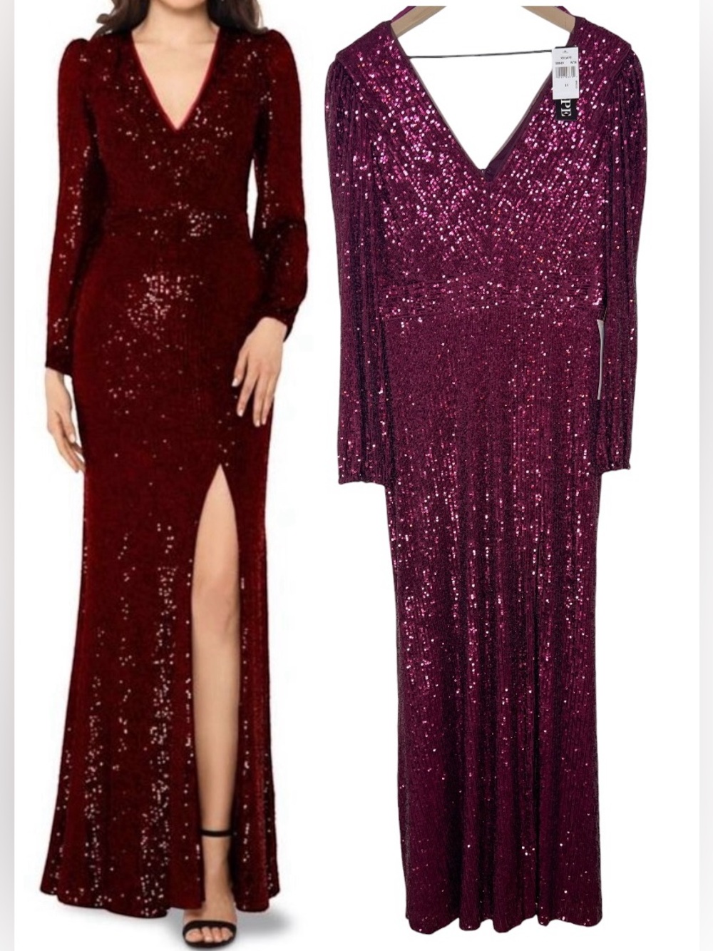 XSCAPE Sequin Long Sleeve Full Length Formal Gown Burgundy V-neck size 14 NWT